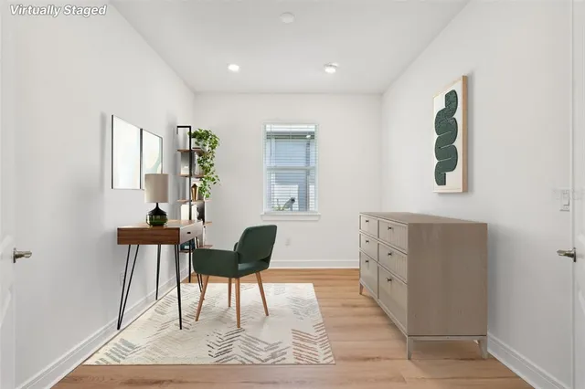 an empty room with a bathroom