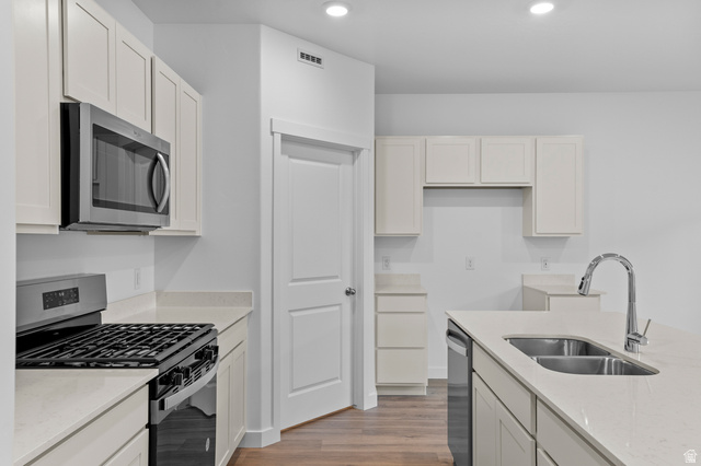 2829 North 710 West, Unit 15 Logan, UT 84321 - Photo 13 of 23 Contemporary kitchen featuring light wood-finish cabinetry, stainless steel appliances, and a double basin sink
