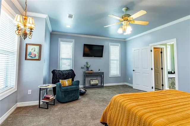 a bedroom with a bed and a chandelier