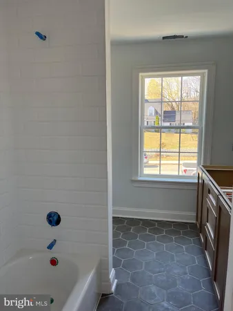 a bathroom with a bathtub a window a shower and vanity