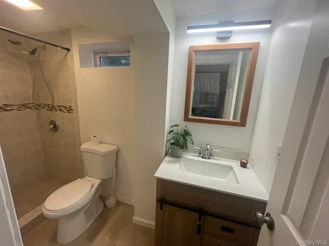 a bathroom with a sink toilet and shower