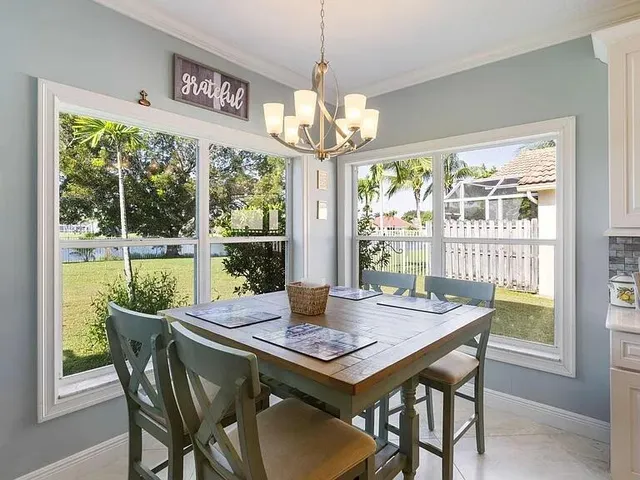 a view of a dining room with furniture window and outside view