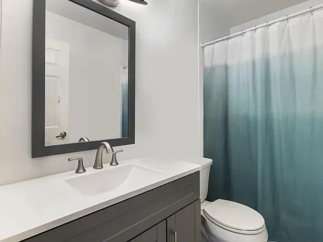 a bathroom with a sink a toilet a mirror and shower curtain