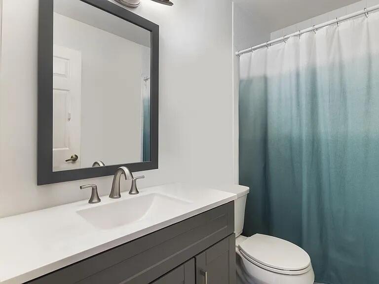 7782 Hoffy Circle Lake Worth, FL 33467 - Photo 23 of 27 a bathroom with a sink a toilet a mirror and shower curtain