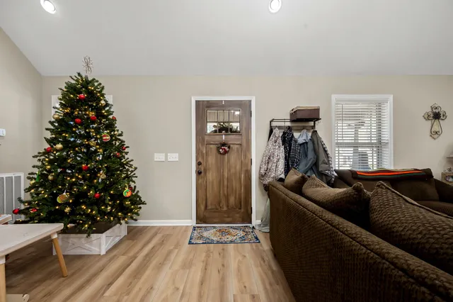 a living room with furniture and a potted plant
