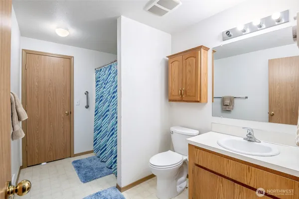 a bathroom with a sink a toilet and shower