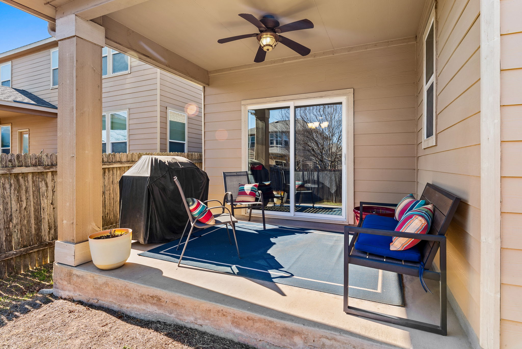 11209 Kildoon Drive Austin, TX 78754 - Photo 30 of 37 View of patio featuring ceiling fan and area for grilling