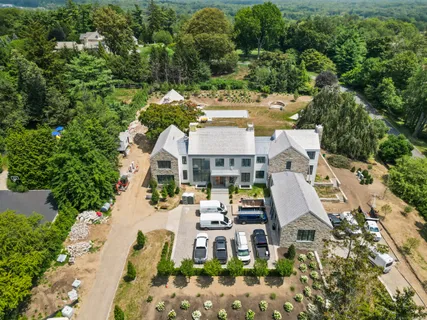 aerial view of a house with swimming pool and large trees