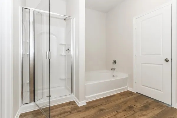 a bathroom with a bathtub and shower