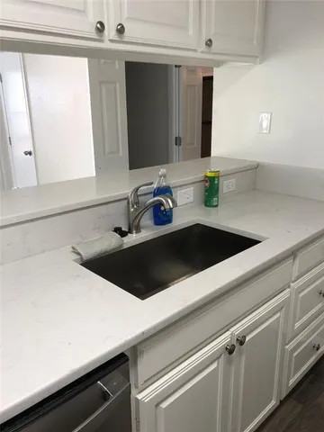 a sink with a potted plant on a counter and a sink