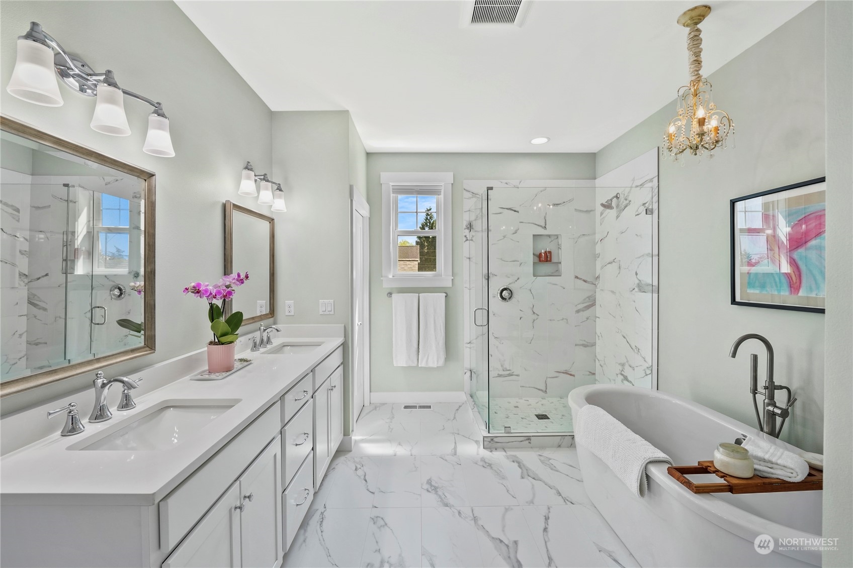 1505 9th Street Anacortes, WA 98221 - Photo 16 of 40 a spacious bathroom with a granite countertop tub sink a mirror and a shower