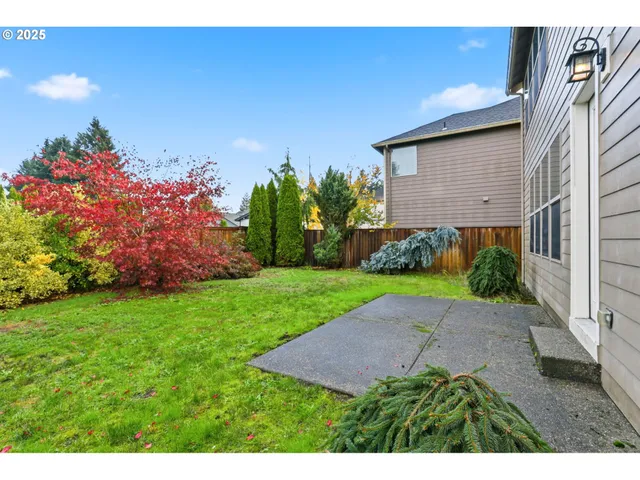 a view of a house with a big yard potted plants and large tree
