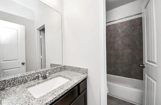 a bathroom with a granite countertop sink and a bathtub