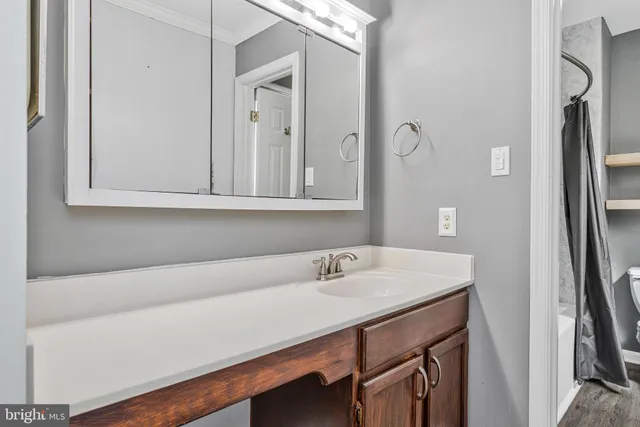 a bathroom with a sink vanity and a mirror