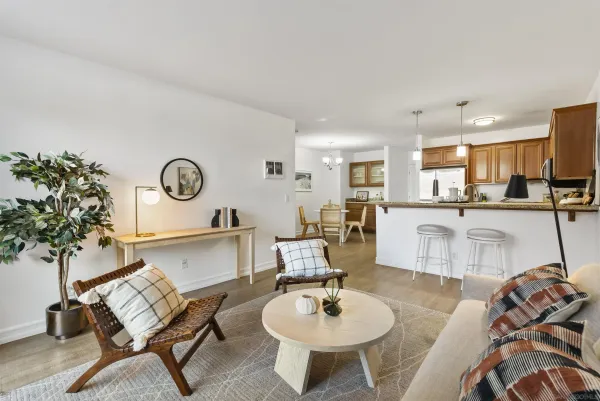 a living room with furniture and kitchen view