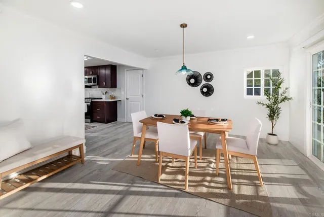a view of a dining room with furniture