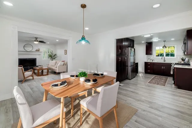 a view of a dining room with furniture