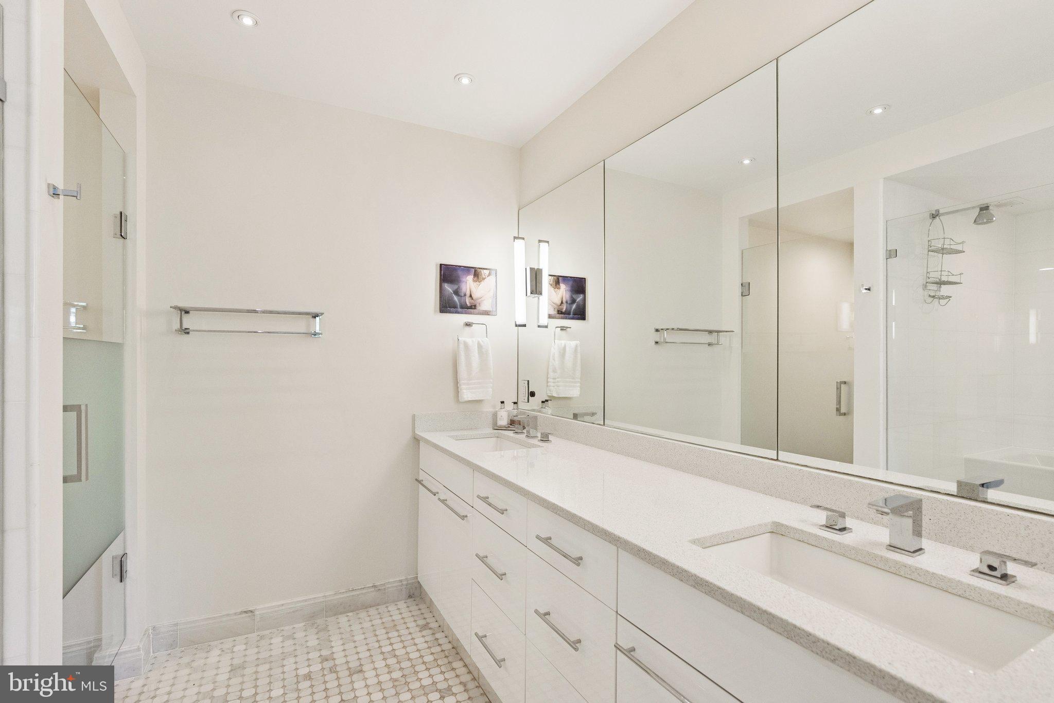 3251 Prospect Street Northwest, Unit 402 Washington, DC 20007 - Photo 17 of 36 a bathroom with a sink a mirror and a shower