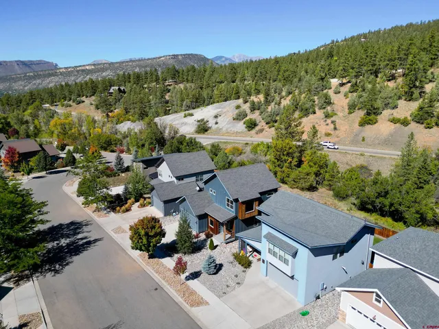 an aerial view of residential houses with outdoor space and trees