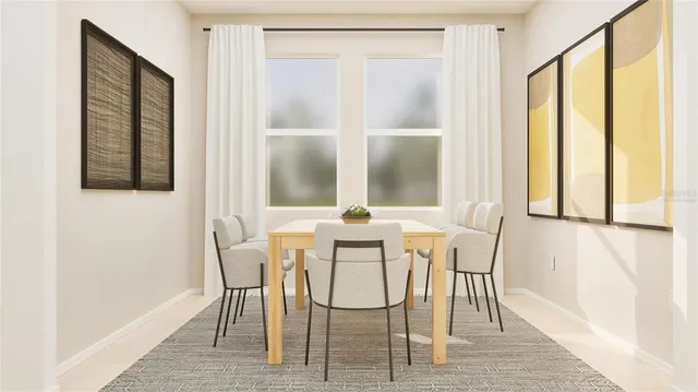 a dining room with furniture and window