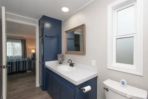 a bathroom with a sink vanity and a mirror