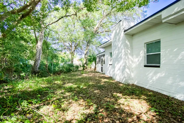 a view of a yard in front of a house with a large tree