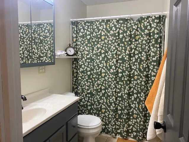 a bathroom with a toilet and a shower curtain