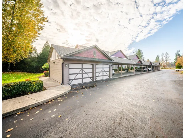 a view of a house with a yard and potted plants