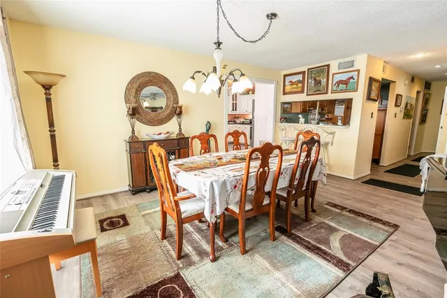 a view of a dining room with furniture and a chandelier