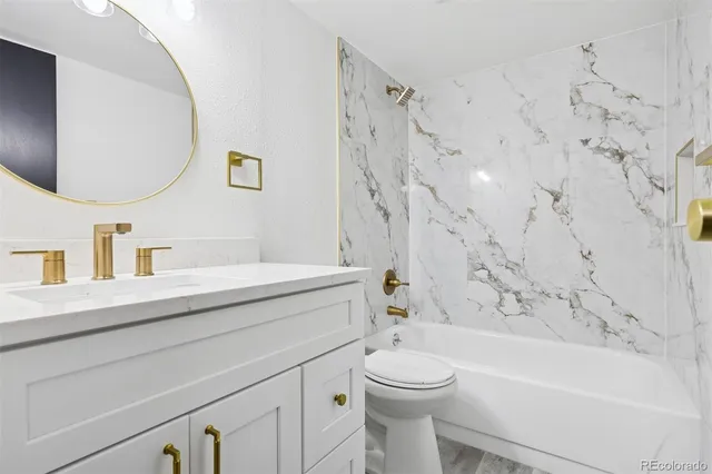 a bathroom with a toilet a sink a mirror a bathtub and vanity