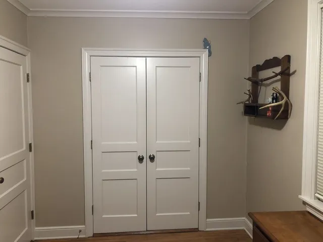 a view of a room with rack on the wall