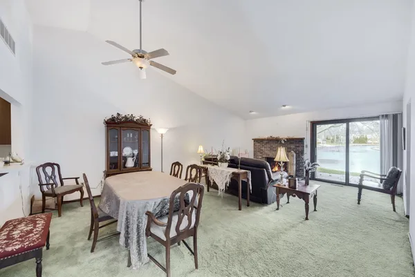 a view of a dining room with furniture