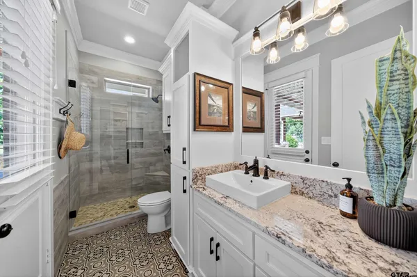 a bathroom with a sink a toilet a mirror and shower
