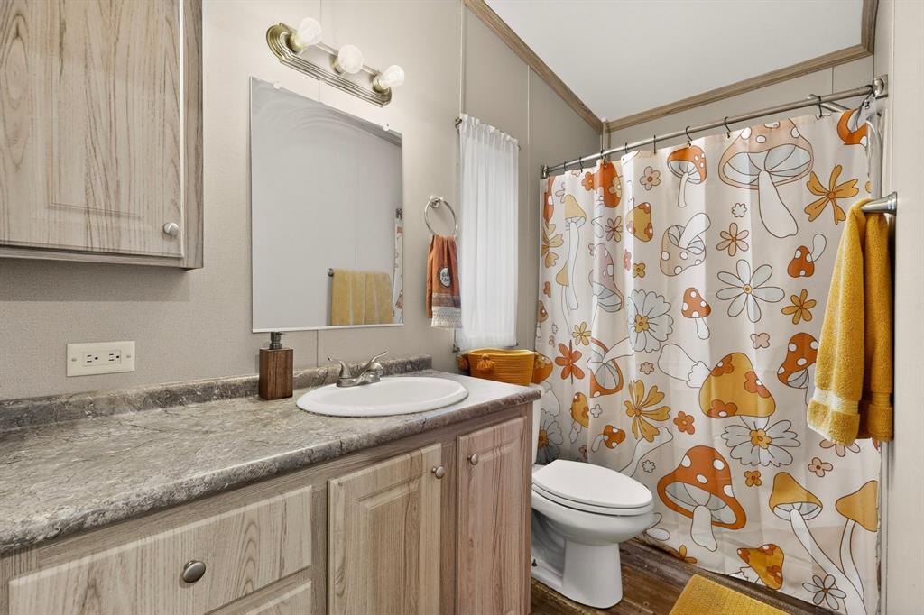 115 Vinall Circle Decatur, TX 76234 - Photo 17 of 23 a bathroom with a granite countertop sink a toilet and a shower curtain