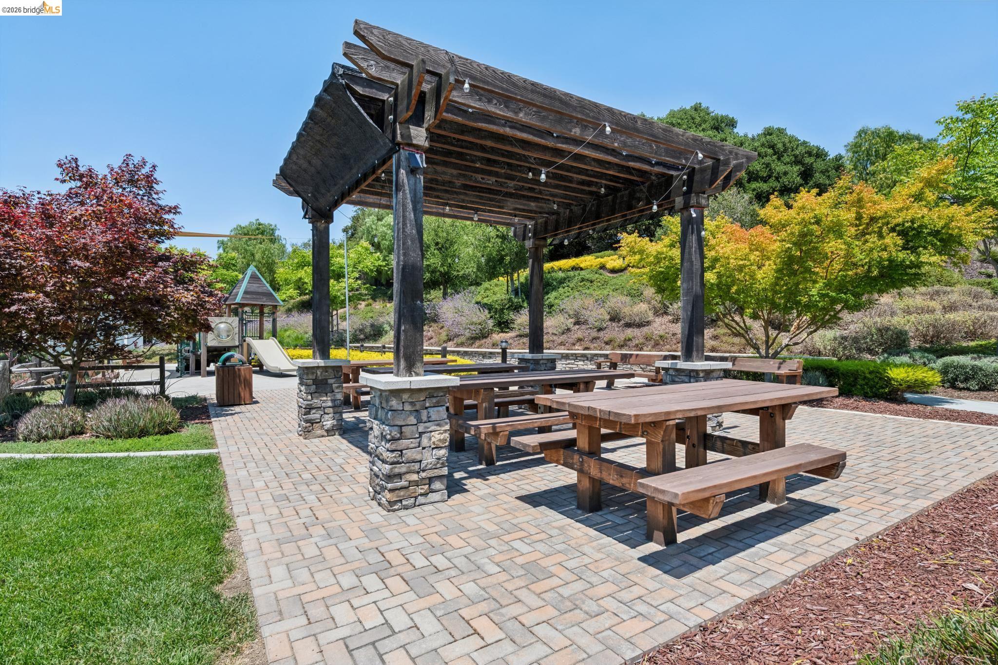 24157 Amaranth Loop Hayward, CA 94541 - Photo 59 of 63 Expansive outdoor gathering area featuring a large wooden pergola with string lighting, multiple wooden picnic tables, and paver stone flooring