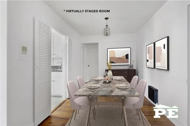 a view of a dining room with furniture