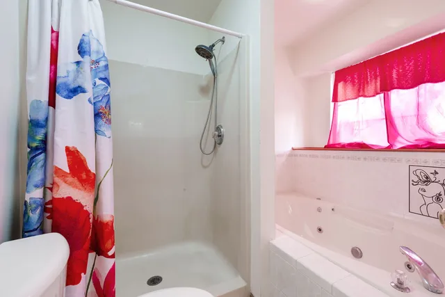 a bathroom with a bathtub and shower