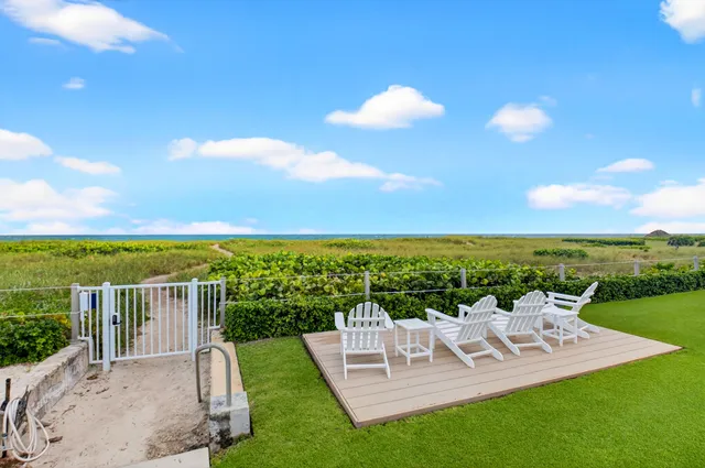 a view of a garden with furniture