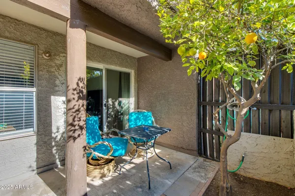 a front view of a house with patio