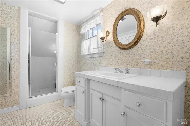 a bathroom with a granite countertop toilet a sink and a mirror