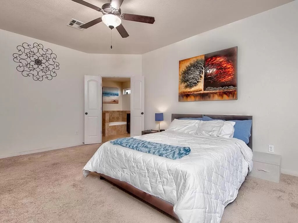8217 Reggio Street Round Rock, TX 78665 - Photo 16 of 27 Carpeted bedroom featuring ceiling fan and baseboards