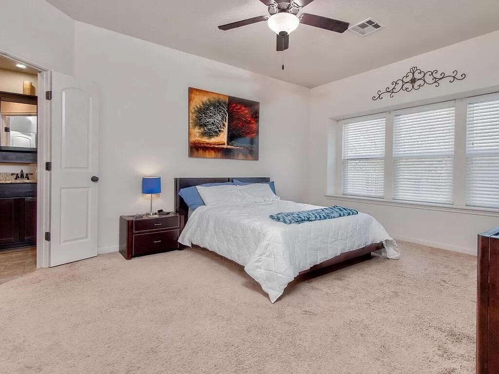 8217 Reggio Street Round Rock, TX 78665 - Photo 17 of 27 Bedroom featuring light carpet and a ceiling fan