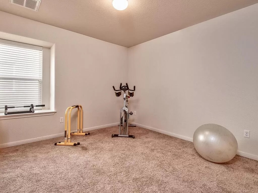 8217 Reggio Street Round Rock, TX 78665 - Photo 19 of 27 Workout area featuring carpet and a textured ceiling