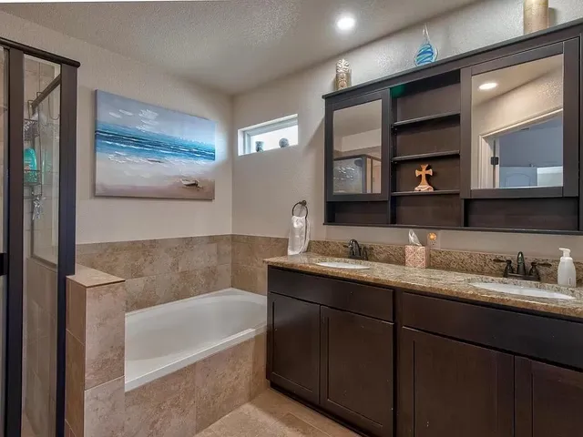 a bathroom with a tub a double vanity sink and mirror