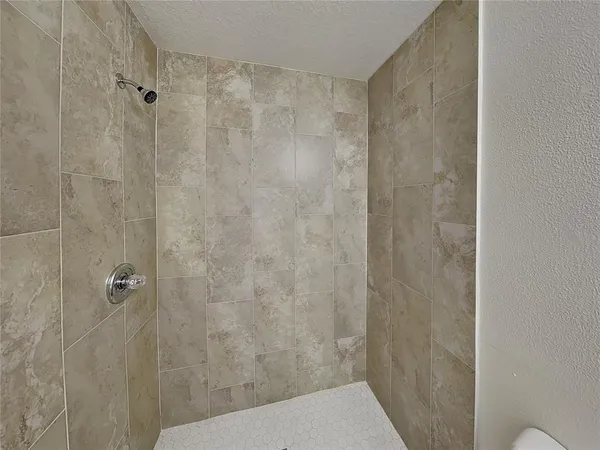 a bathroom with a shower and a toilet