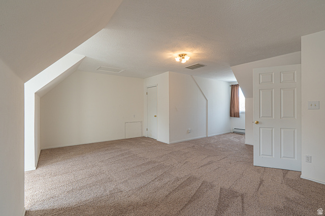 1045 Fox Farm Road Logan, UT 84321 - Photo 49 of 65 Additional living space with light carpet, a textured ceiling, and a baseboard heating unit