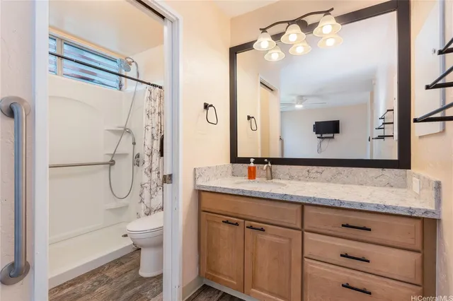 a bathroom with a granite countertop sink a toilet and a mirror
