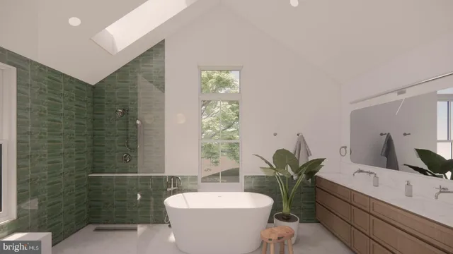 a room with a sink a mirror and a toilet