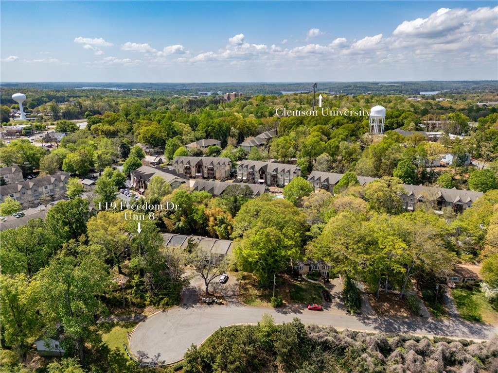 119 Freedom Drive, Unit 8 Clemson, SC 29631 - Photo 36 of 39 An aerial view showcases a residential area surrounded by lush greenery and distant waters.
