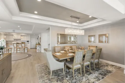 a view of a dining room with furniture